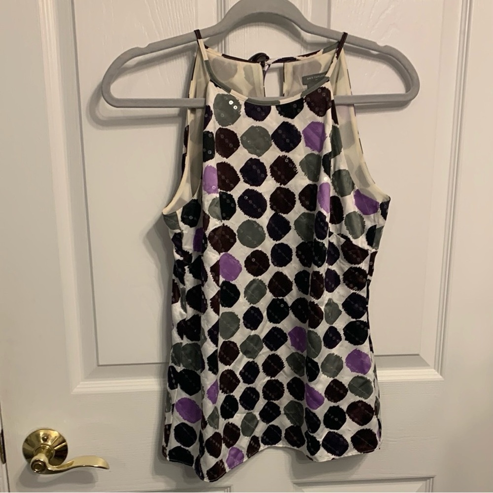 Ann Taylor‎ Polka Dot Sleeveless Halter Top size 2 Purple Black Gray Sequins